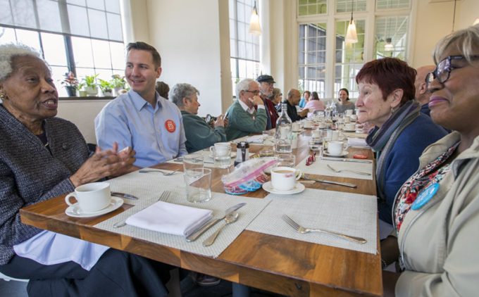 Cal Halvorsen meets friends from St. Louis Village