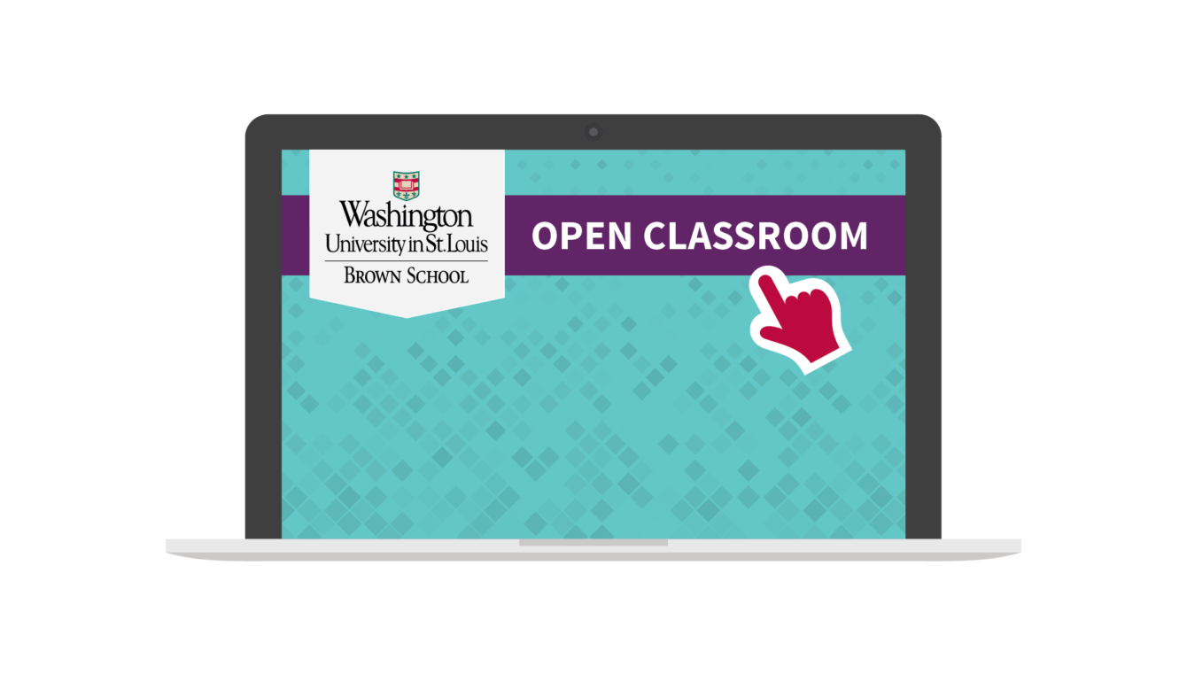 Laptop screen showing Washington University in St. Louis Brown School 'Open Classroom' banner with a teal patterned background and a pointing hand graphic.
