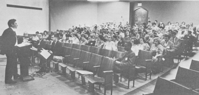 Faculty-student conference on curriculum, 1969. Students, faculty, and staff participate in a three-day conference to address issues with the MSW curriculum.
