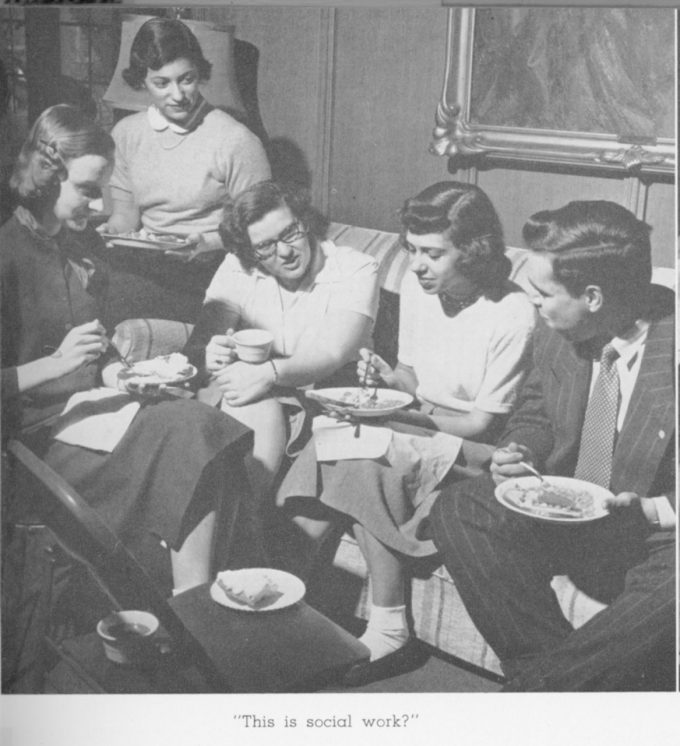 Brown Lounge, 1952. A focal point of social life, Brown Hall Lounge was the location of regular lunches and coffees