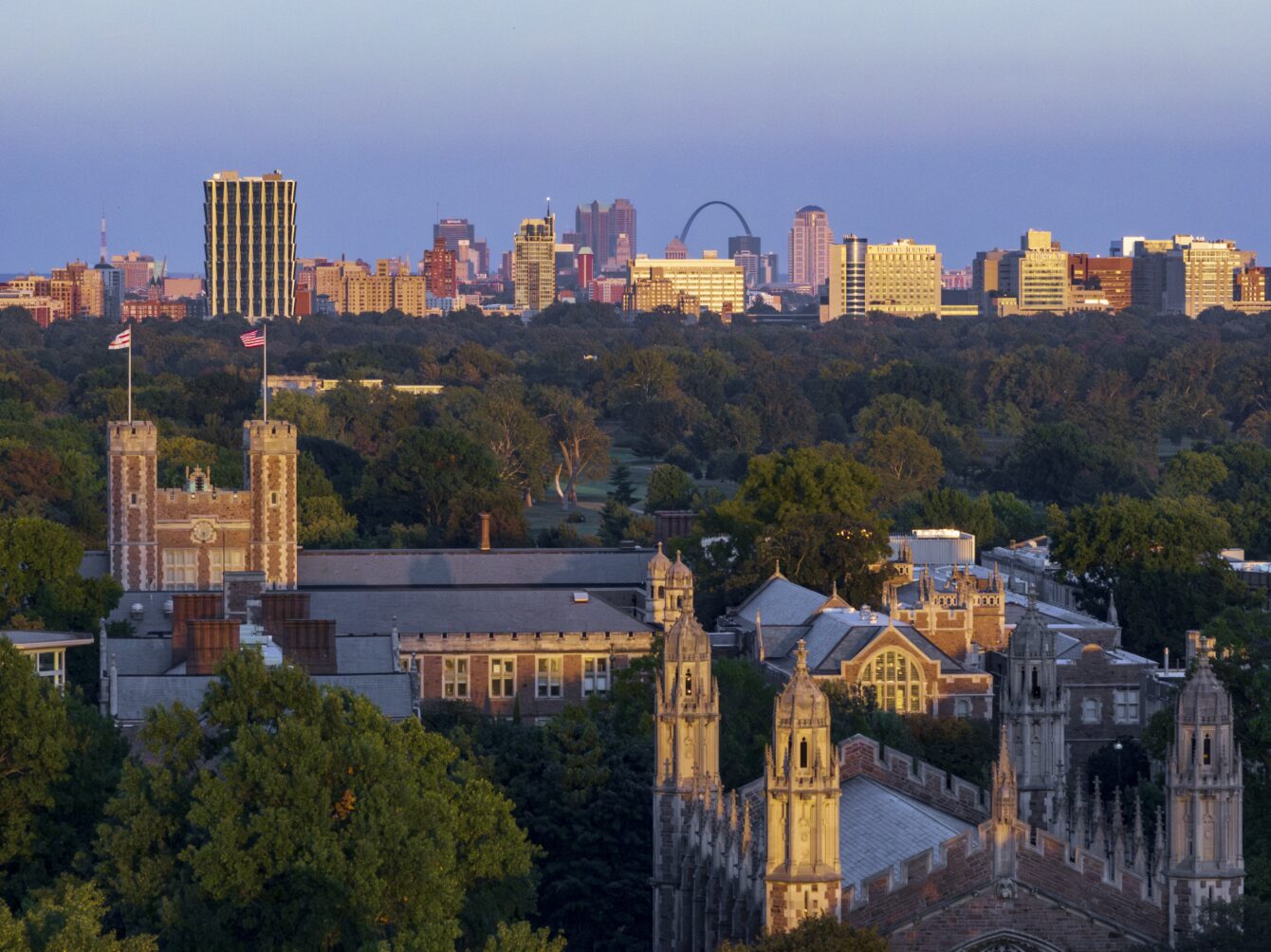 erial view of Graham Chapel, Brookings Hall, the East End, Forest Park, the Medical Campus and downtown St. Louis.
