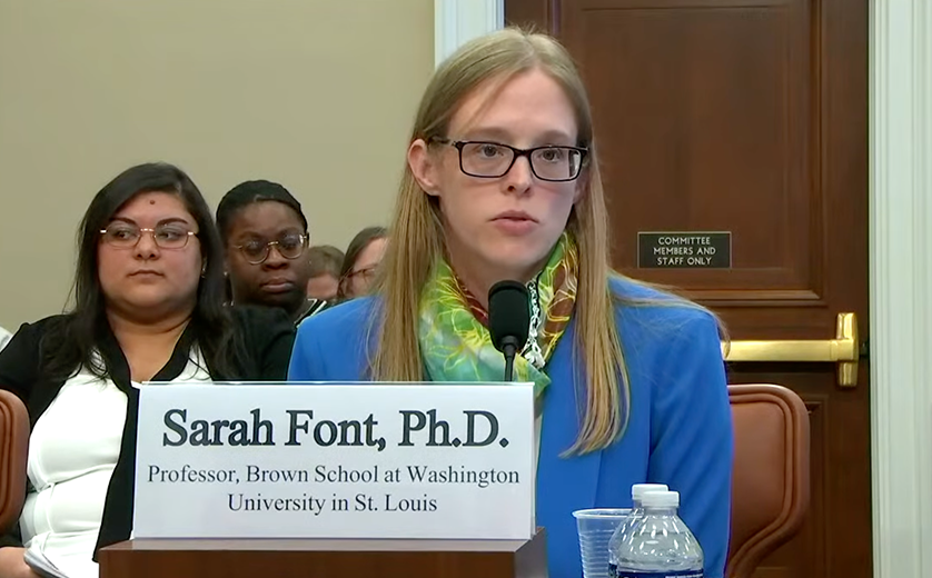 Sarah Font, professor at the Brown School, speaks before the U.S. House Appropriations Subcommittee on Labor, Health and Human Services, Education, and Related Agencies on Thursday, March 26, 2026.
