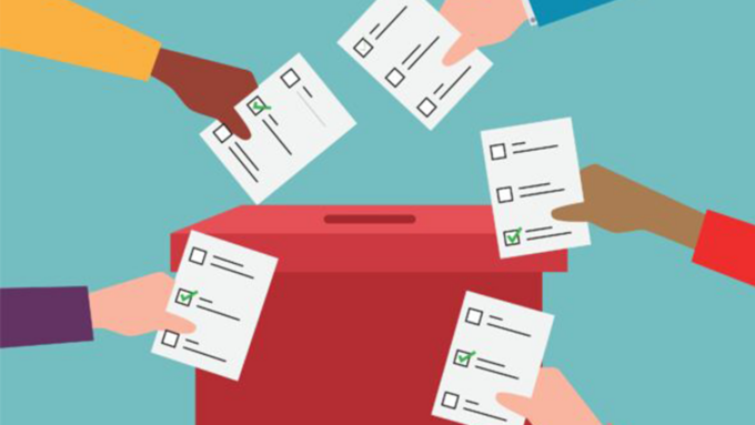 People casting ballots into a red ballot box during an election.