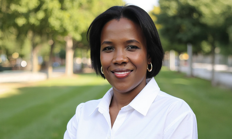 Smiling woman of color in a white button-down shirt outdoors, head and shoulders in a sunny park setting.