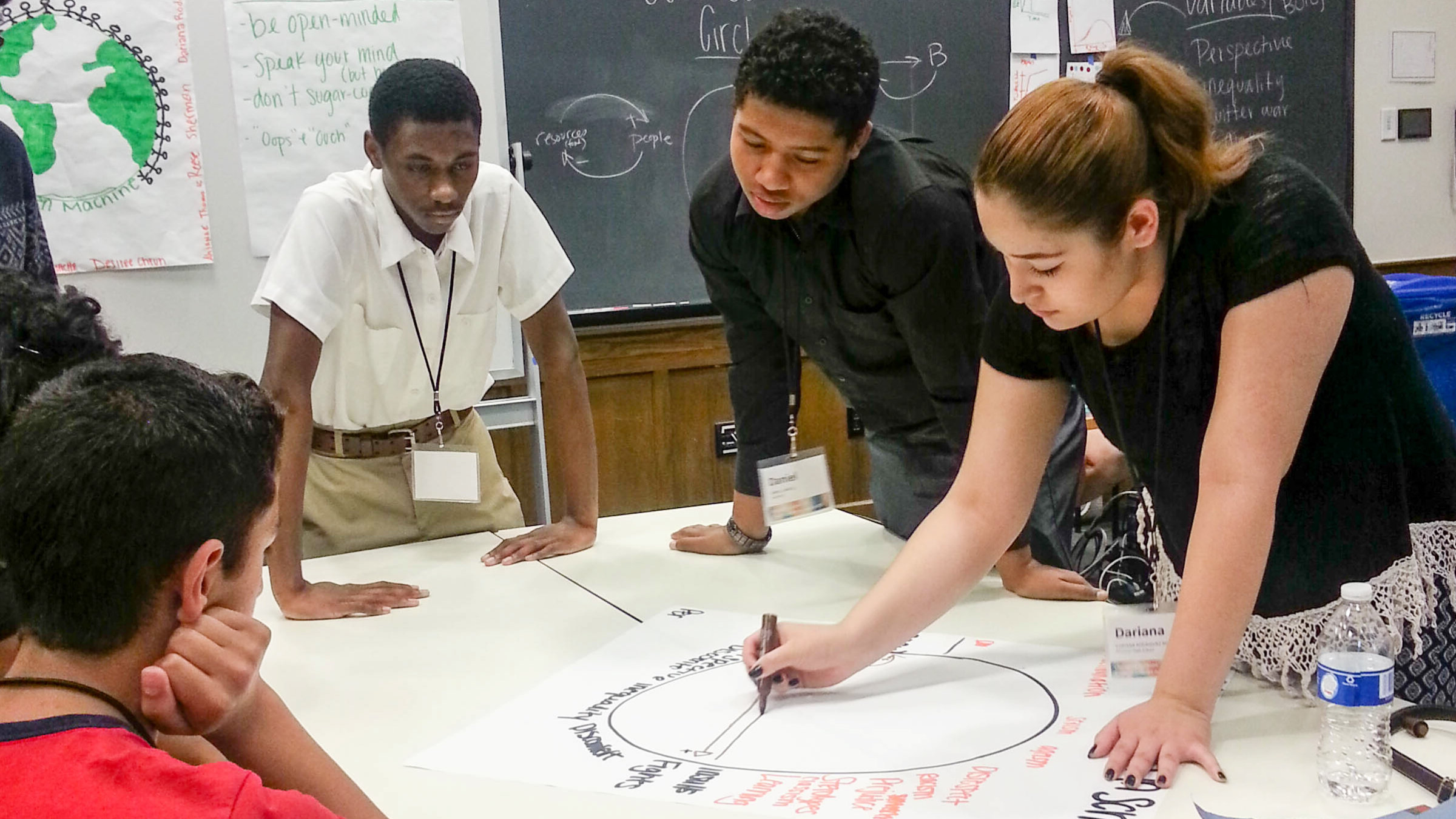 Group of students collaboratively writing on a large circular poster at a classroom table.