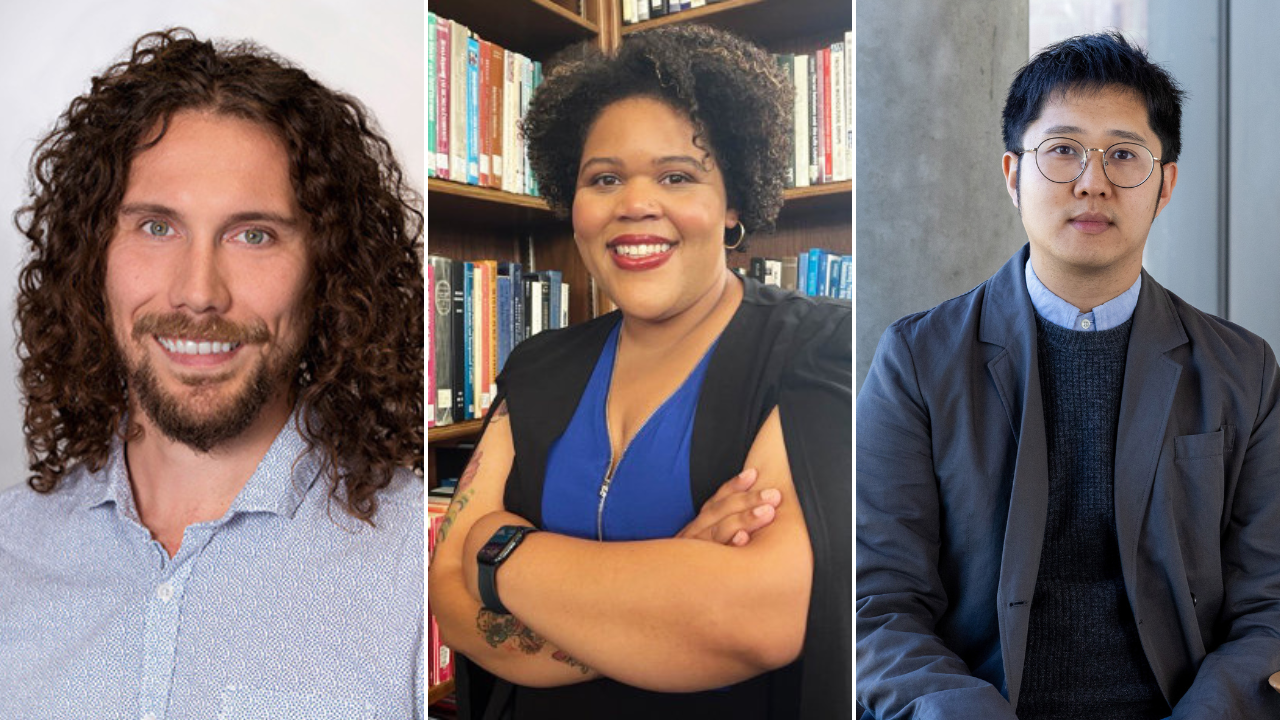 Left: man with long curly hair and beard; center: smiling woman with tattooed arms in front of bookshelves; right: man in blazer and round glasses.