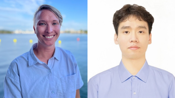 Left: smiling woman in a blue shirt by a lake with buoys, right: man in a light blue shirt against a white background.