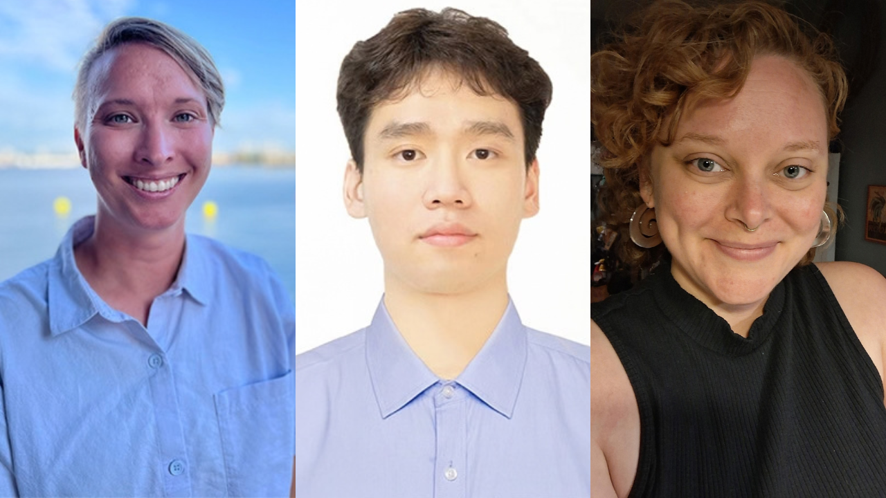 Triptych portrait: left a smiling woman with short blonde hair in a light blue shirt by the water; middle a neutral-faced young man with short dark hair in a lavender shirt on a white background; right a smiling woman with curly red hair, nose ring, in a black sleeveless top indoors.