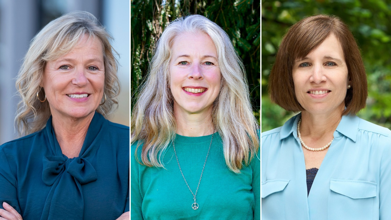 Three women posing outdoors and smiling side-by-side: left woman in teal blouse with bow; middle woman with wavy gray hair in green top and peace-symbol pendant; right woman in light blue blouse with pearl necklace.