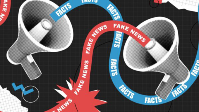 Graphic of two megaphones with red and blue ribbons reading 'FAKE NEWS' and 'FACTS' looping around, symbolizing misinformation.