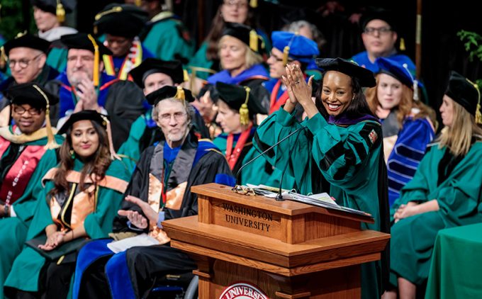 Brown School Recognition Ceremony speaker and MPH alum Cora Faith Walker addresses the crowd.