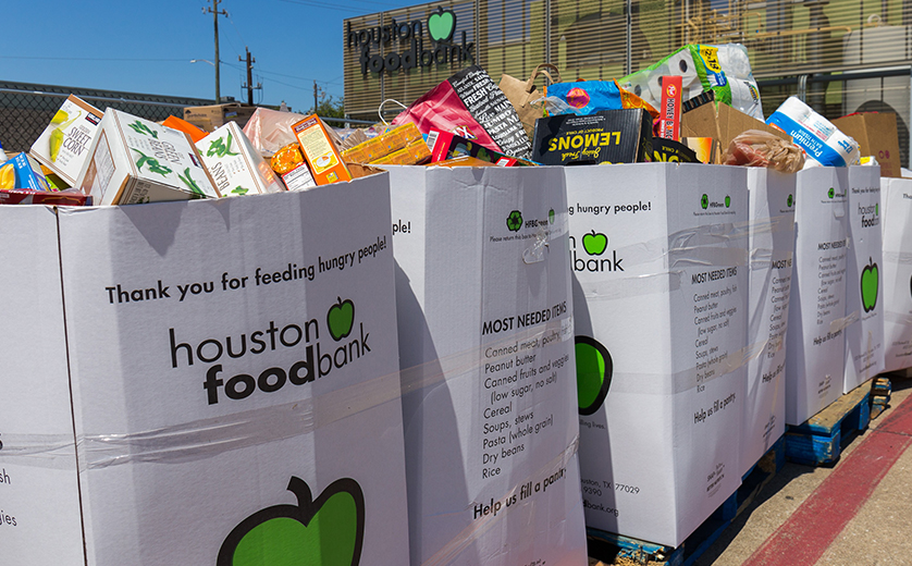 Bags of food ready for pick-up from a Houston food pantry.