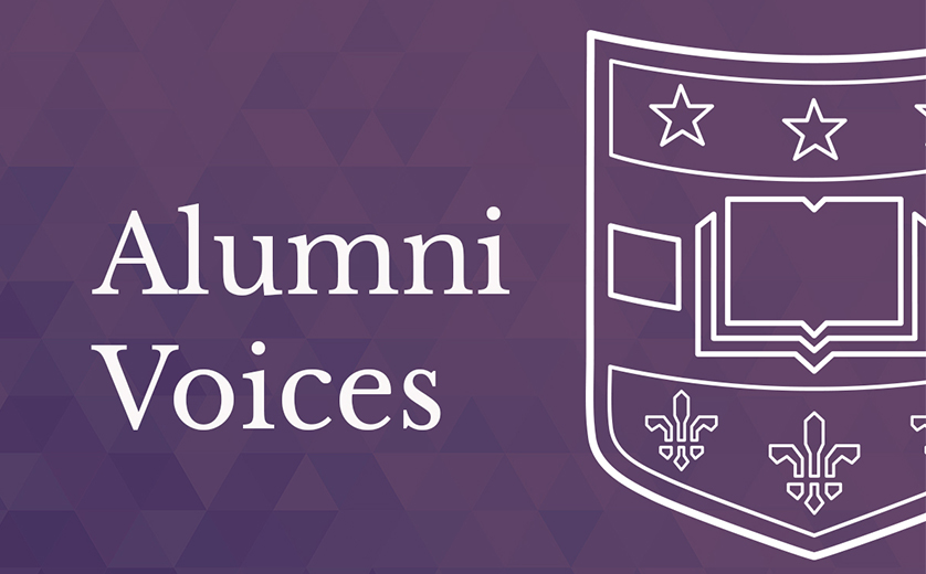 Purple background with white text: Alumni Stories